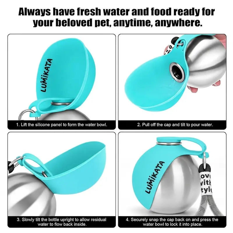 Lumikata 2-In-1 Portable Dog Water Bottle - 10Oz Stainless Steel, Silicone Foldable Bowl Mode, Leak-Proof Water Ball, Small Dog Walking & Pet Feeding Supplies, Water Bottles